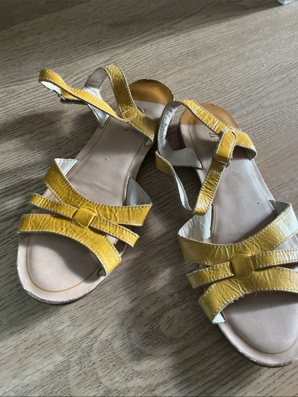 Women well worn Zara Yellow Leather Strappy Women’s Sandals